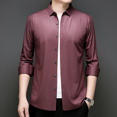 秋季新款休闲男士长袖衬衫中年商务男式条纹宽松衬衣