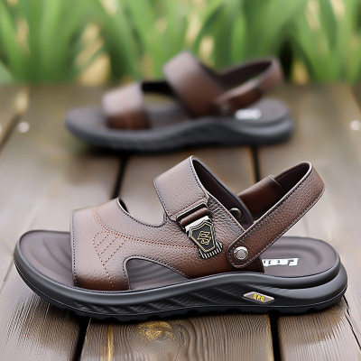 夏季新款男士头层牛皮沙滩鞋真皮软底拖鞋透气休闲时尚凉鞋
