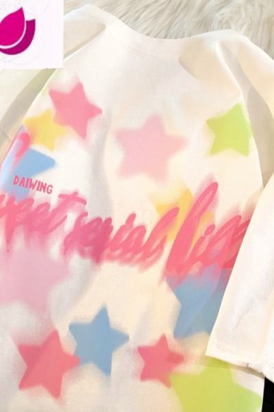 七斓Daiwing 快乐研究所 美式七彩星卡通半袖夏装情侣调性穿搭短袖T恤