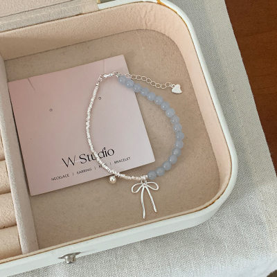 s925纯银天蓝猫眼石蝴蝶结手链女生轻奢小众精致碎银手串配饰送女朋友老婆情人节七夕生日礼物