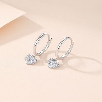 S999足银钻石微镶爱心耳吊耳圈女ins风精致耳环轻奢时尚网红耳饰送女朋友老婆情人节七夕生日礼物
