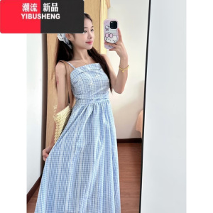 YIBUSHENG法式高级感蓝色格纹抹胸连衣裙女季新款收腰蕾丝百褶吊带长裙子