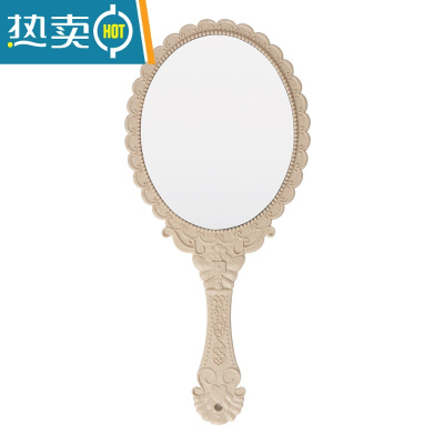 敬平高清手柄化妆镜手拿手持美容院化妆小镜子便携随身复古花边镜便携式用镜 复古化妆镜-米白色(白色))