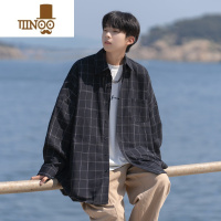 YANXU格子长袖衬衫男潮流宽松复古休闲衬衣青少年日系cityboy外套