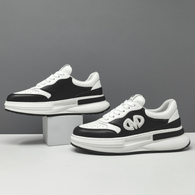 男生头层牛皮黑白厚底运动休闲鞋百搭透气板鞋男款潮鞋欧洲站男鞋