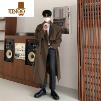 YANXU韩版中长款过膝风衣男装外套痞帅宽松英伦风感黑色大衣