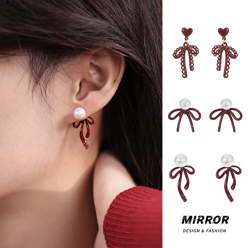 925纯银安可拉红色蝴蝶结银针耳钉女耳环耳饰春夏小众学生送女朋友老婆情人节七夕生日礼物