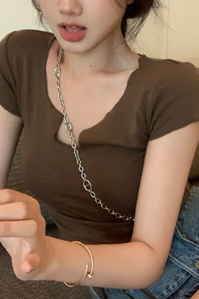 辣妹冰丝螺纹T恤女装纯欲风灰色短款修身露脐打底衫紧身短袖上衣