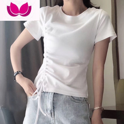 七斓2023夏季装新款修身抽绳白色体恤上衣女设计感小众打底衫短袖T恤