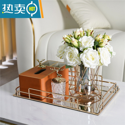 敬平轻奢纸巾盒套装家用装饰样板间客厅茶几餐桌多功能收纳抽纸盒 橙色意式套装+威尼白玫瑰 +牙签罐