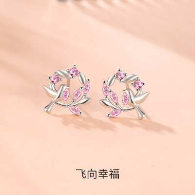 飞向幸福足银999耳钉女时尚小众设计ins风耳环镶钻麦穗耳饰品礼物送女朋友老婆情人节七夕生日礼物