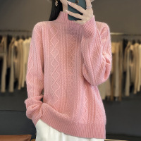 秋冬新款女装半高领针织衫宽松提花套头打底衫纯色加厚毛衣