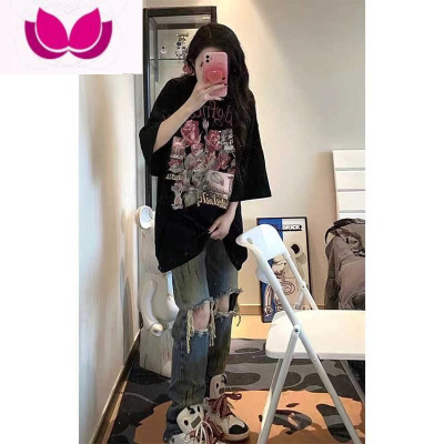 七斓vintage美式复古正肩短袖t恤女夏高街宽松ins潮港风别致黑色上衣