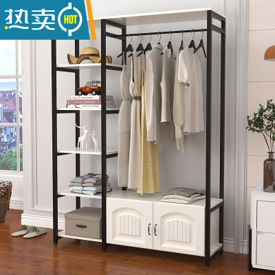 敬平卧室衣帽架简易挂衣架落地收纳创意衣柜欧式家用客厅置物架晾衣架 A款象牙白+黑架(欧式门)120长