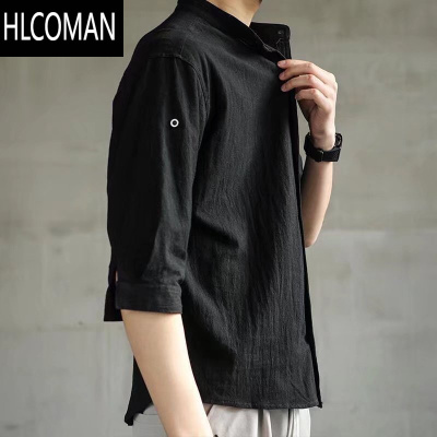 HLCOMAN短袖衬衫男士款七分袖衬衣青年高级感五分中袖亚麻寸衫潮