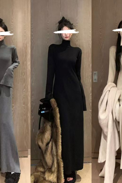 法式慵懒风高领连衣裙女装新款修身内搭中长款打底包臀裙子潮