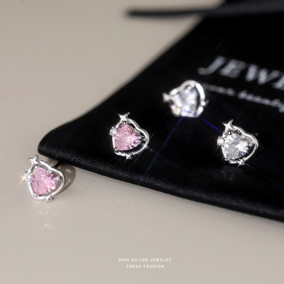 日韩轻奢四芒星爱心锆石耳钉女s999纯银百搭高级感甜美足银耳饰送女朋友老婆情人节七夕生日礼物