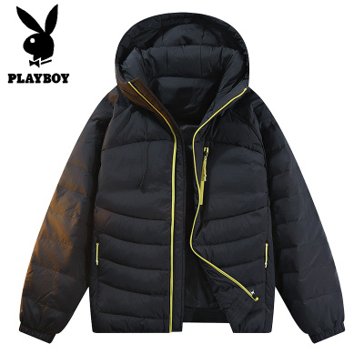花花公子新款90羽绒有质检连帽排骨羽绒服撞色男式厚外套
