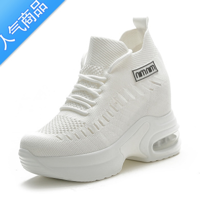 SUNTEK内增高小白鞋女夏季薄款2023新款10cm透气网面镂空一脚蹬运动潮鞋