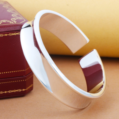 999足银手镯开口宽版凹面银手镯简约男女情侣款平口刻字银镯子送女朋友老婆情人节七夕生日礼物