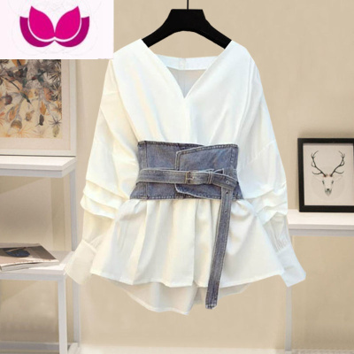 七斓小清新气质套装女新款V领收腰雪纺上衣高腰开叉牛仔裤炸街套