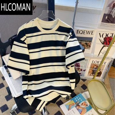 HLCOMAN夏季新款美式潮流条纹短袖t恤男女情侣半袖街头圆领上衣休闲体恤
