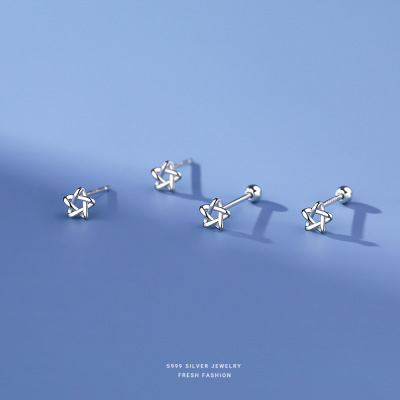 镂空五角星耳钉女s999纯银韩版百搭时尚星星螺纹针足银耳饰批发送女朋友老婆情人节七夕生日礼物