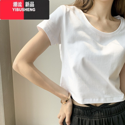 YIBUSHENG季新款短袖T恤女短款白色打底衫小众修身露脐上衣潮宽松