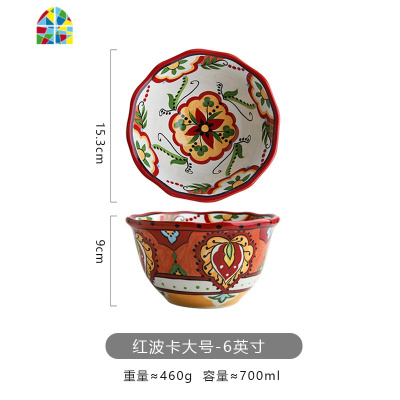 日式创意个性手绘陶瓷碗家用吃饭碗喇叭面碗大汤碗麦片碗沙拉圆碗 FENGHOU 绿波卡套装