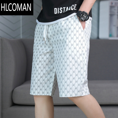 HLCOMAN白色短裤男夏季薄款2025年新款男士潮牌休闲外穿满印花直筒五分裤