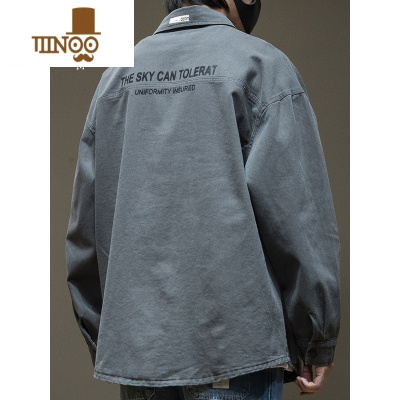 YANXU美式复古植绒字母牛仔衬衫男长袖2023秋季新款男士加绒大码外套潮