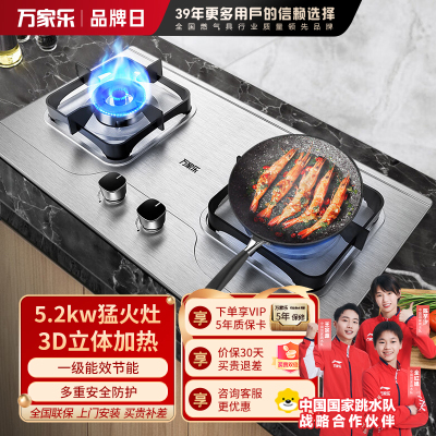 万家乐聚能猛火燃气双灶家用 煤气炉台式嵌入式5.2KW快速点火 3D立体加热 一级能效全进风 加厚不锈钢面AY8G天然气