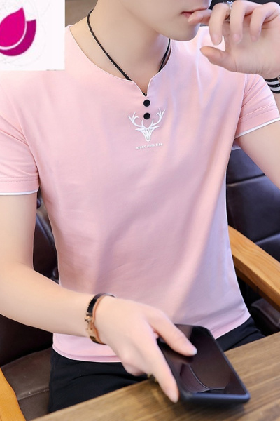 七斓v领男士短袖t恤夏季潮流修身上衣服男潮牌百搭夏装半袖衫