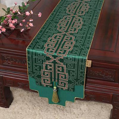 新中式古典玉桌旗茶几长条布艺中国风桌布床柜旗电视柜盖布 如意纹绿 34*150适合桌长90-100CM