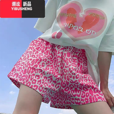 YIBUSHENG季阔腿短裤女韩版休闲裤宽松大码女装沙滩渡假风豹纹牛仔热裤潮