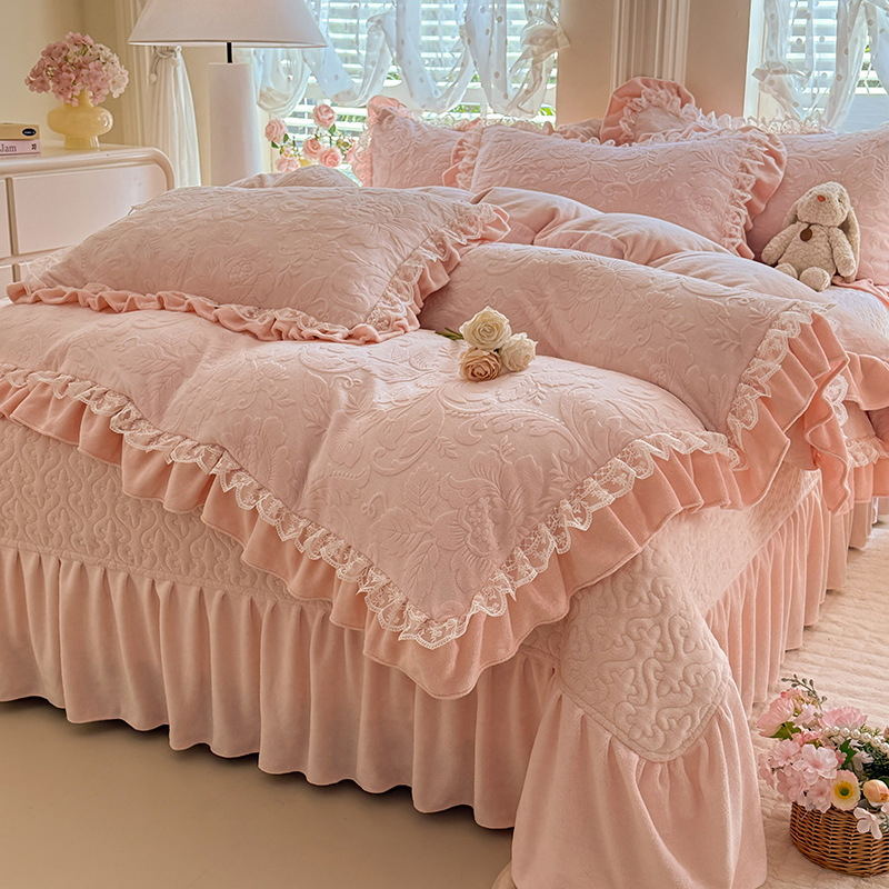 韩版花边款牛奶绒夹棉床盖四件套公主风A类花床盖四件套秋冬款1