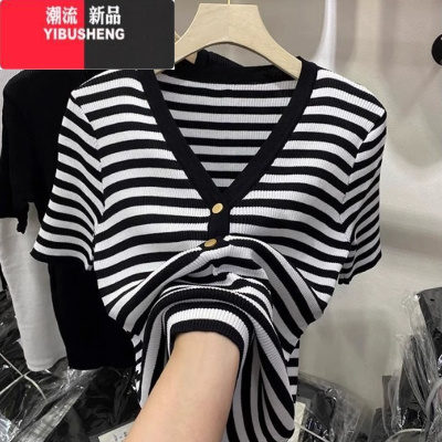 YIBUSHENG300斤大码女士t恤短袖胖人遮肚子上衣季胖mm中年妈妈装条纹小衫