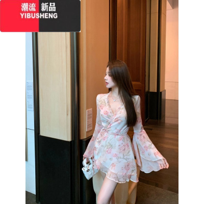 YIBUSHENG法式粉色碎花长袖雪纺连衣裙女季温柔风v领短裙显瘦收腰a字裙子