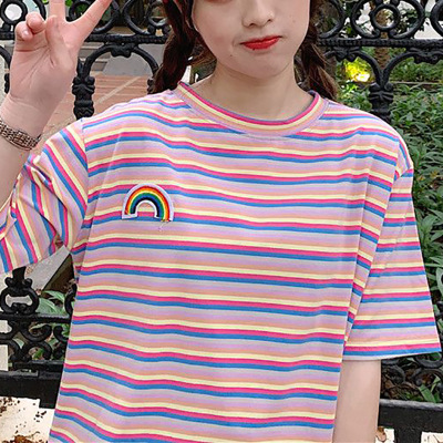 夏季新款韩版彩虹条纹休闲宽松百搭短袖T恤女装网红ins港风上衣潮