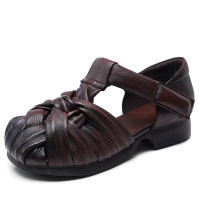 头层牛皮复古手工编织凉鞋女2025夏季新款舒适透气软底镂空女鞋