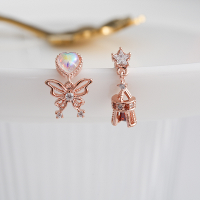 彩光爱心镶钻蝴蝶 铃铛 设计感精致耳骨钉韩国进口耳钉螺丝拧球堵送女朋友老婆情人节七夕生日礼物