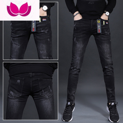 七斓2023年春季新款牛仔裤男黑色弹力修身小脚休闲个性潮牌网红款