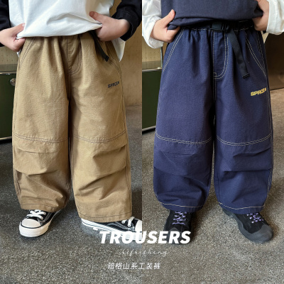 童酷男童秋款洋气中小童腰带山系裤子暗格字母印花儿童工装裤