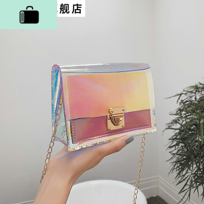 ins超火果冻包包女新款2019 chic学生仙女链条斜挎包透明镭射女包NEW LAKE女斜挎包