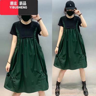 YIBUSHENG大码女装中长款连衣裙2024新款女士胖mm宽松显瘦假两件背带裙子