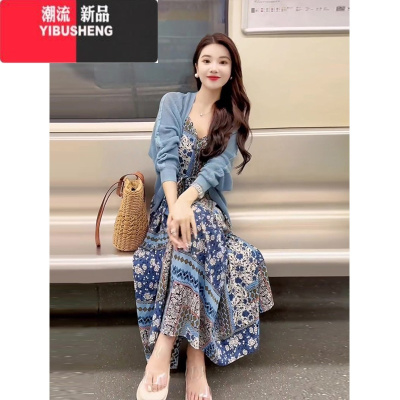 YIBUSHENG蓝色气质法式复古碎花裙针织开衫绝美套装外搭高级感连衣裙套装