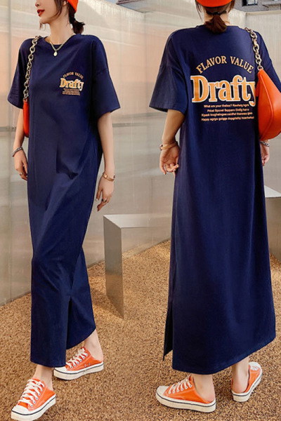 韩国大码T恤女装夏季新款开叉长裙打底衫上衣过膝胖妹妹连衣裙女_1