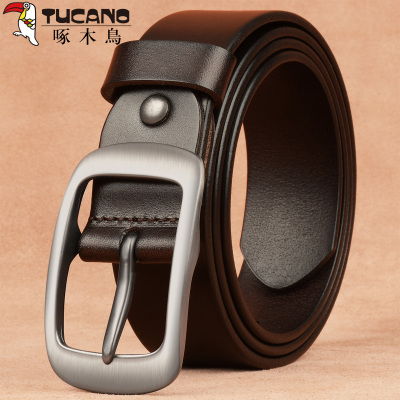 女式啄木鸟牛皮带真皮女式别针扣带时尚牛仔多功能休闲裤带女式牛皮层