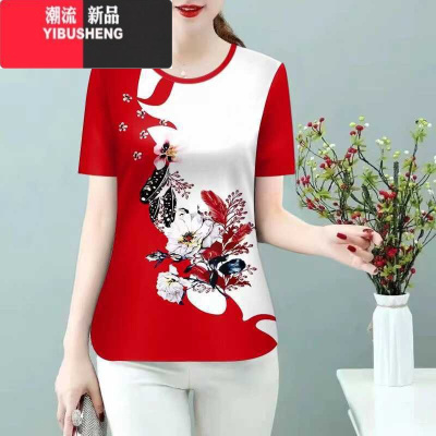 YIBUSHENG圆领T恤女中老年妈妈装2024新款洋气大码印花短袖宽松显瘦上衣