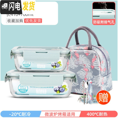 三维工匠上班族可微波炉加热专用玻璃饭盒餐盒便当碗带盖冰箱水果盒保鲜盒 北欧蓝长410+700+火烈鸟包+餐具